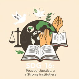 A graphic illustration representing Sustainable Development Goal 16 using a collection of powerful symbols that embody its themes of promoting peaceful and inclusive societies, ensuring justice for all, and building accountable institutions