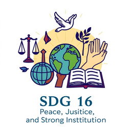 A graphic illustration representing Sustainable Development Goal 16 using a collection of powerful symbols that embody its themes of promoting peaceful and inclusive societies, ensuring justice for all, and building accountable institutions