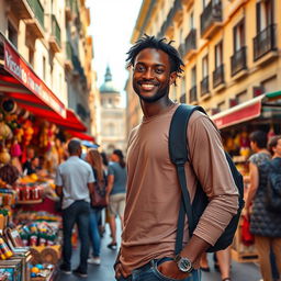 A vibrant street scene in Madrid featuring a Black street vendor