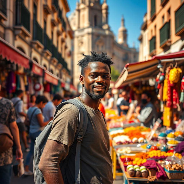 A vibrant street scene in Madrid featuring a Black street vendor