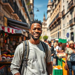 A vibrant street scene in Madrid featuring a Black street vendor