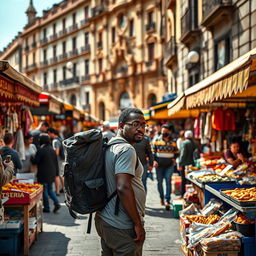 A dynamic street scene in Madrid showcasing a Black street vendor