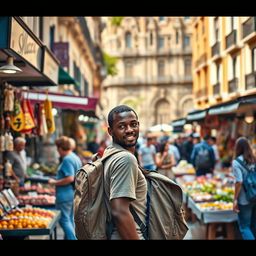 A dynamic street scene in Madrid showcasing a Black street vendor