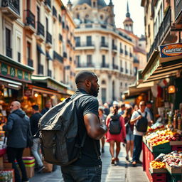 A dynamic street scene in Madrid showcasing a Black street vendor