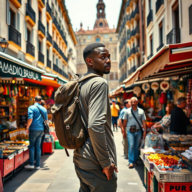 A dynamic street scene in Madrid showcasing a Black street vendor