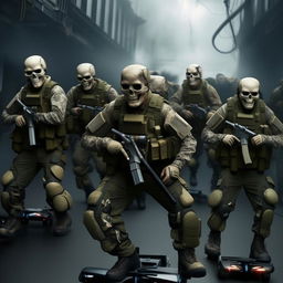 combatants in military fatigue and skeleton face masks and armed with assault rifles and on hover-boards high up in the air