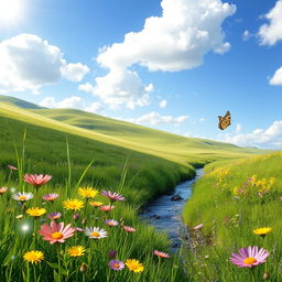A serene landscape showcasing a beautiful spring scene, featuring vibrant blooming flowers in a variety of colors such as pink, yellow, and purple