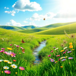 A serene landscape showcasing a beautiful spring scene, featuring vibrant blooming flowers in a variety of colors such as pink, yellow, and purple