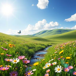 A serene landscape showcasing a beautiful spring scene, featuring vibrant blooming flowers in a variety of colors such as pink, yellow, and purple