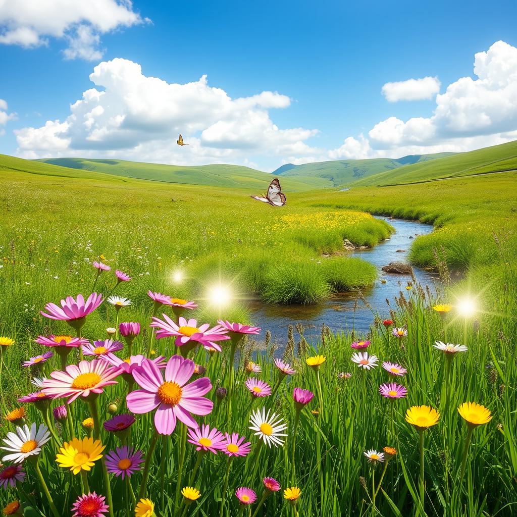 A serene landscape showcasing a beautiful spring scene, featuring vibrant blooming flowers in a variety of colors such as pink, yellow, and purple