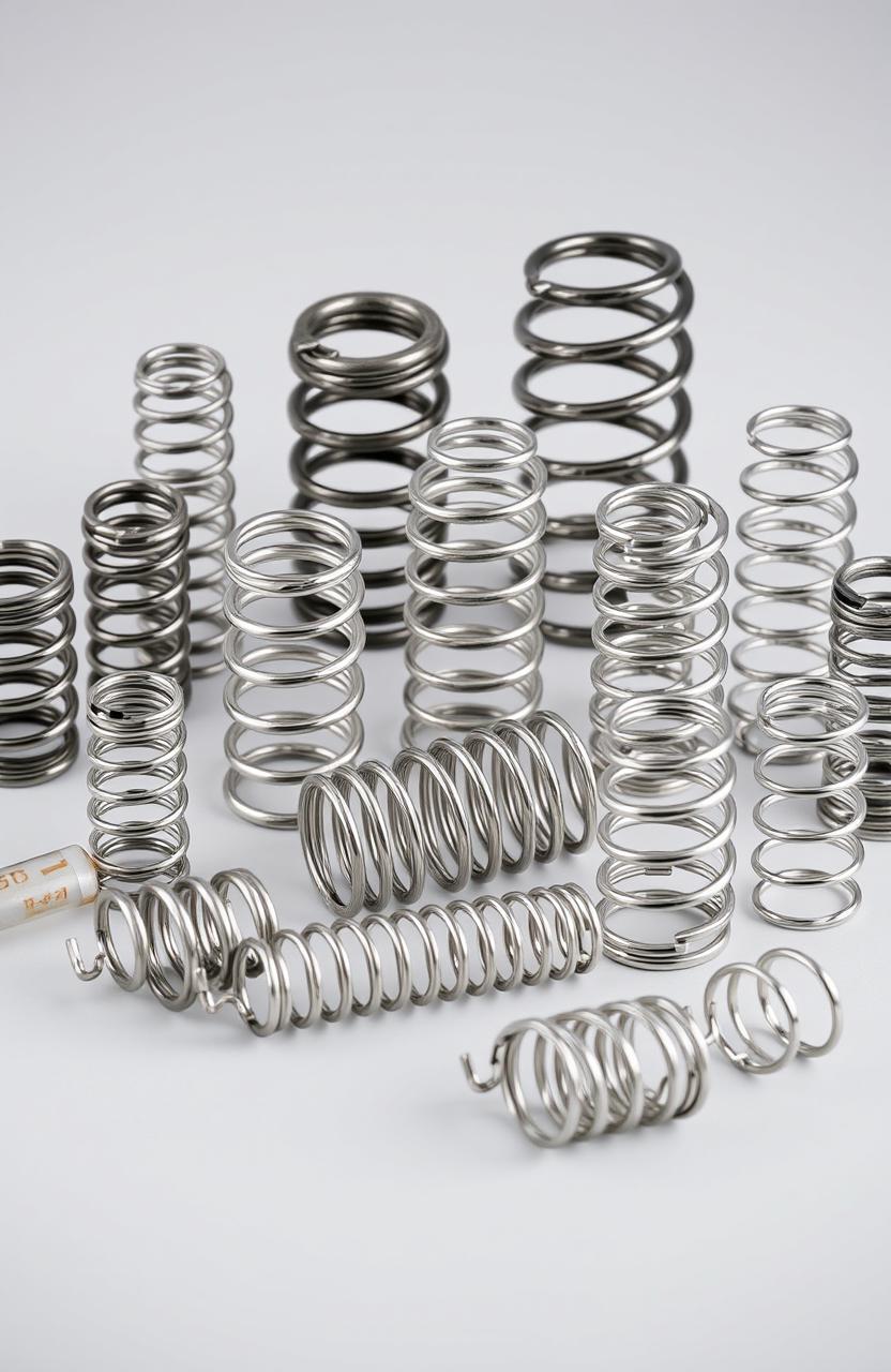 A collection of various mechanical springs displayed on a smooth surface, showcasing their intricate designs and functionality