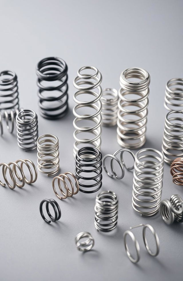 A collection of various mechanical springs displayed on a smooth surface, showcasing their intricate designs and functionality