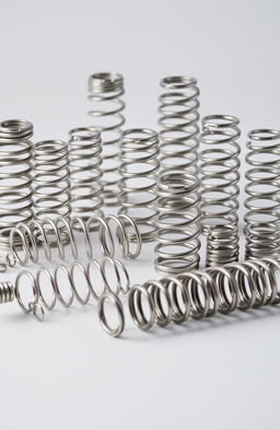 A collection of various mechanical springs displayed on a smooth surface, showcasing their intricate designs and functionality