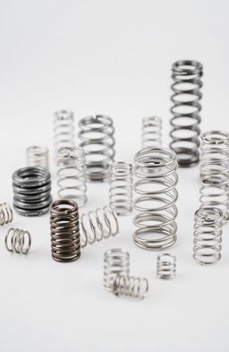 A collection of various mechanical springs displayed on a smooth surface, showcasing their intricate designs and functionality