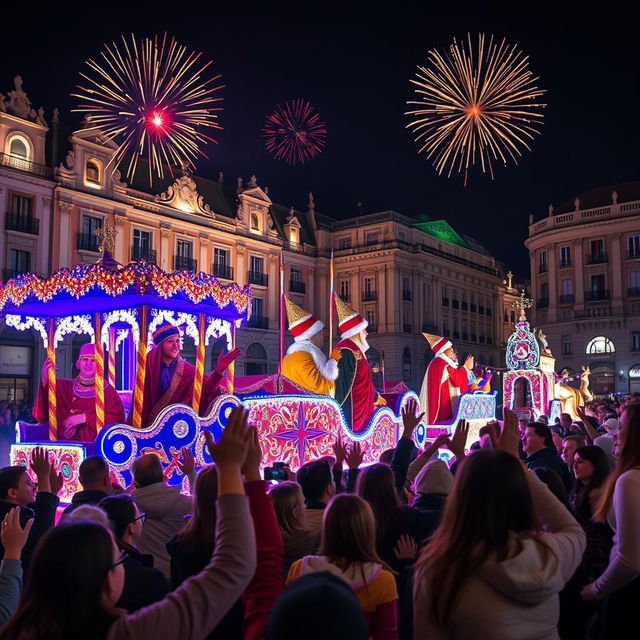 A festive scene from the Cabalgata de los Reyes Magos (Three Kings Parade) in Madrid, featuring vibrant floats decorated with glittering lights and colorful designs