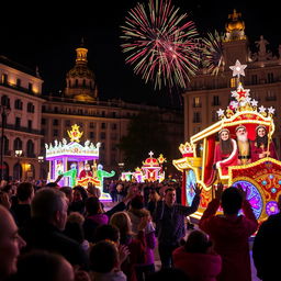 A festive scene from the Cabalgata de los Reyes Magos (Three Kings Parade) in Madrid, featuring vibrant floats decorated with glittering lights and colorful designs