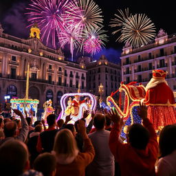 A festive scene from the Cabalgata de los Reyes Magos (Three Kings Parade) in Madrid, featuring vibrant floats decorated with glittering lights and colorful designs