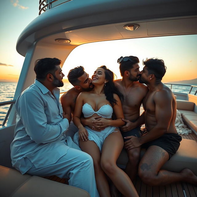 A romantic scene on a lavish yacht featuring a cute 18-year-old Indian woman with long legs, inspired by Naqiya Haji's beauty