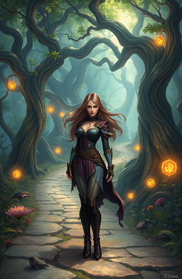 A mystical fantasy scene depicting the enchanted forest of Brimmorah, filled with vibrant flora and ethereal creatures