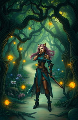 A mystical fantasy scene depicting the enchanted forest of Brimmorah, filled with vibrant flora and ethereal creatures