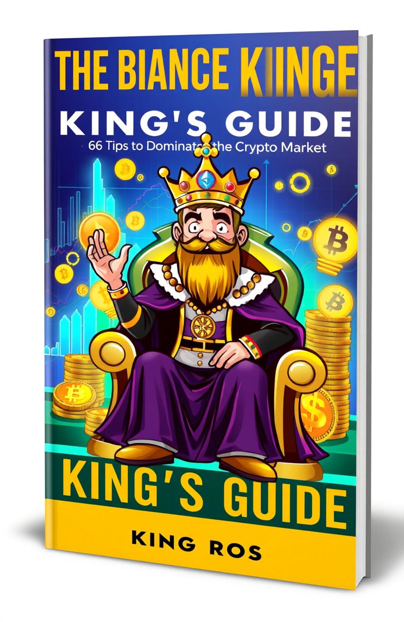 A visually striking and engaging book cover design for 'The Binance King's Guide: 66 Tips to Dominate the Crypto Market' by King Rosl
