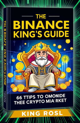 A visually striking and engaging book cover design for 'The Binance King's Guide: 66 Tips to Dominate the Crypto Market' by King Rosl
