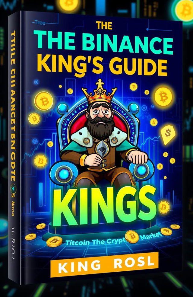 A visually striking and engaging book cover design for 'The Binance King's Guide: 66 Tips to Dominate the Crypto Market' by King Rosl