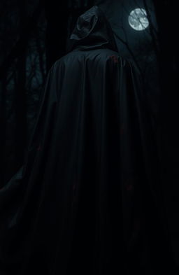 A mysterious black cape adorned with dark blood stains, elegantly flowing in a dimly lit environment