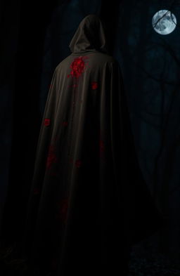 A mysterious black cape adorned with dark blood stains, elegantly flowing in a dimly lit environment