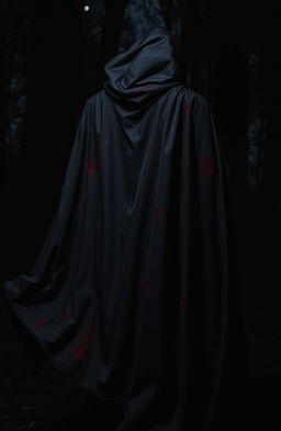 A mysterious black cape adorned with dark blood stains, elegantly flowing in a dimly lit environment