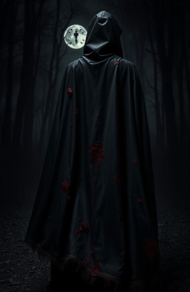 A mysterious black cape adorned with dark blood stains, elegantly flowing in a dimly lit environment