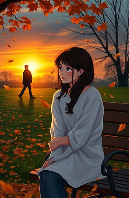 A dramatic and emotional scene depicting a melancholic young woman sitting alone on a park bench, gazing at the sunset with tears in her eyes