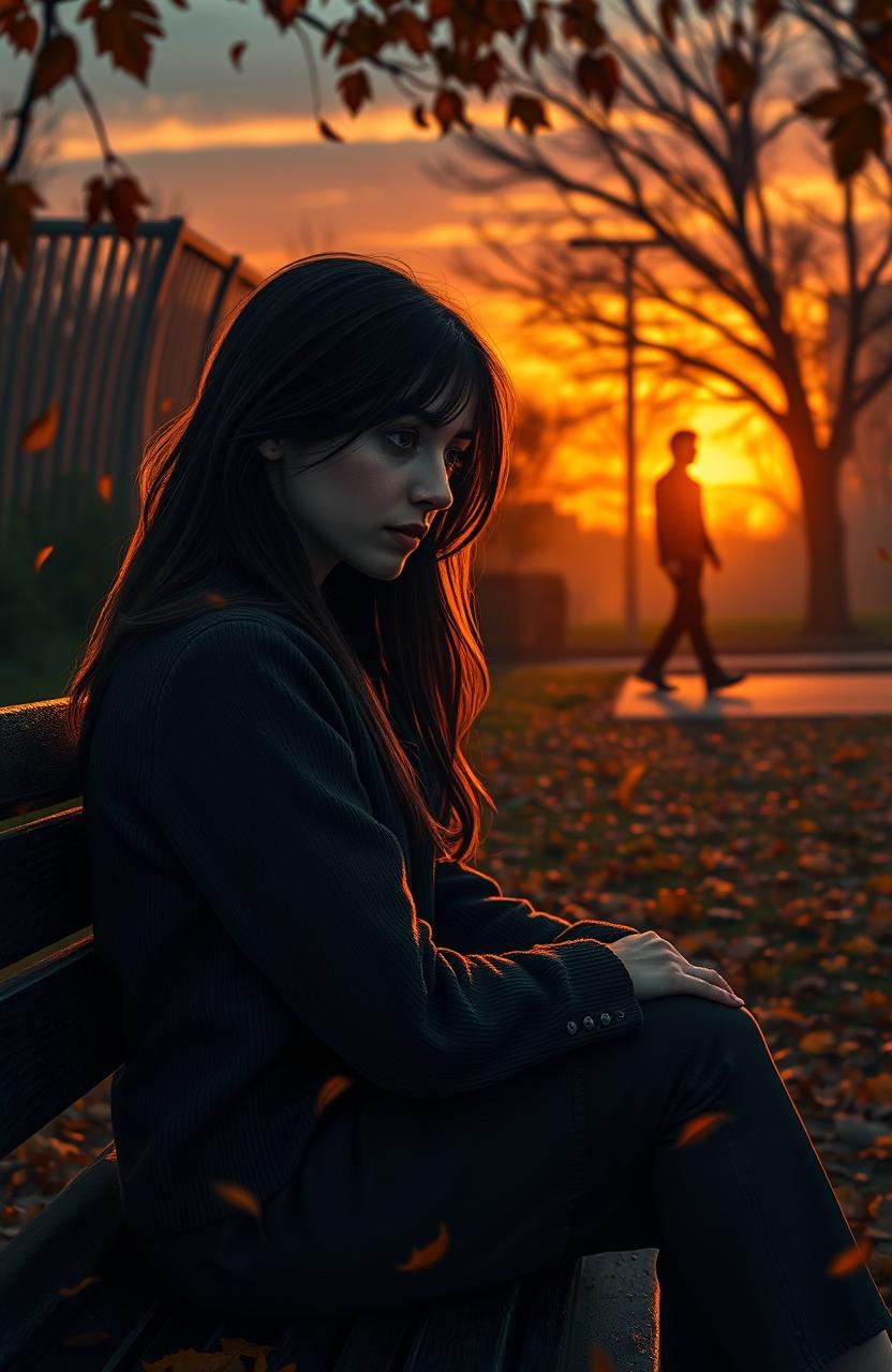 A dramatic and emotional scene depicting a melancholic young woman sitting alone on a park bench, gazing at the sunset with tears in her eyes