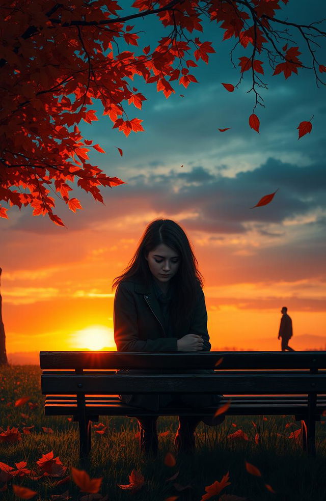 A dramatic and emotional scene depicting a melancholic young woman sitting alone on a park bench, gazing at the sunset with tears in her eyes