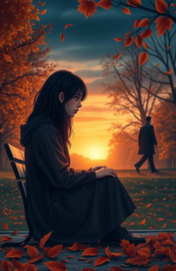 A dramatic and emotional scene depicting a melancholic young woman sitting alone on a park bench, gazing at the sunset with tears in her eyes