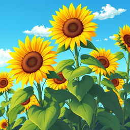 A vibrant illustration of sunflowers in full bloom, showcasing their bright yellow petals and rich green leaves