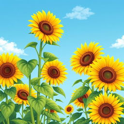 A vibrant illustration of sunflowers in full bloom, showcasing their bright yellow petals and rich green leaves