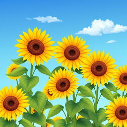 A vibrant illustration of sunflowers in full bloom, showcasing their bright yellow petals and rich green leaves