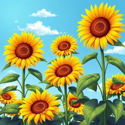 A vibrant illustration of sunflowers in full bloom, showcasing their bright yellow petals and rich green leaves