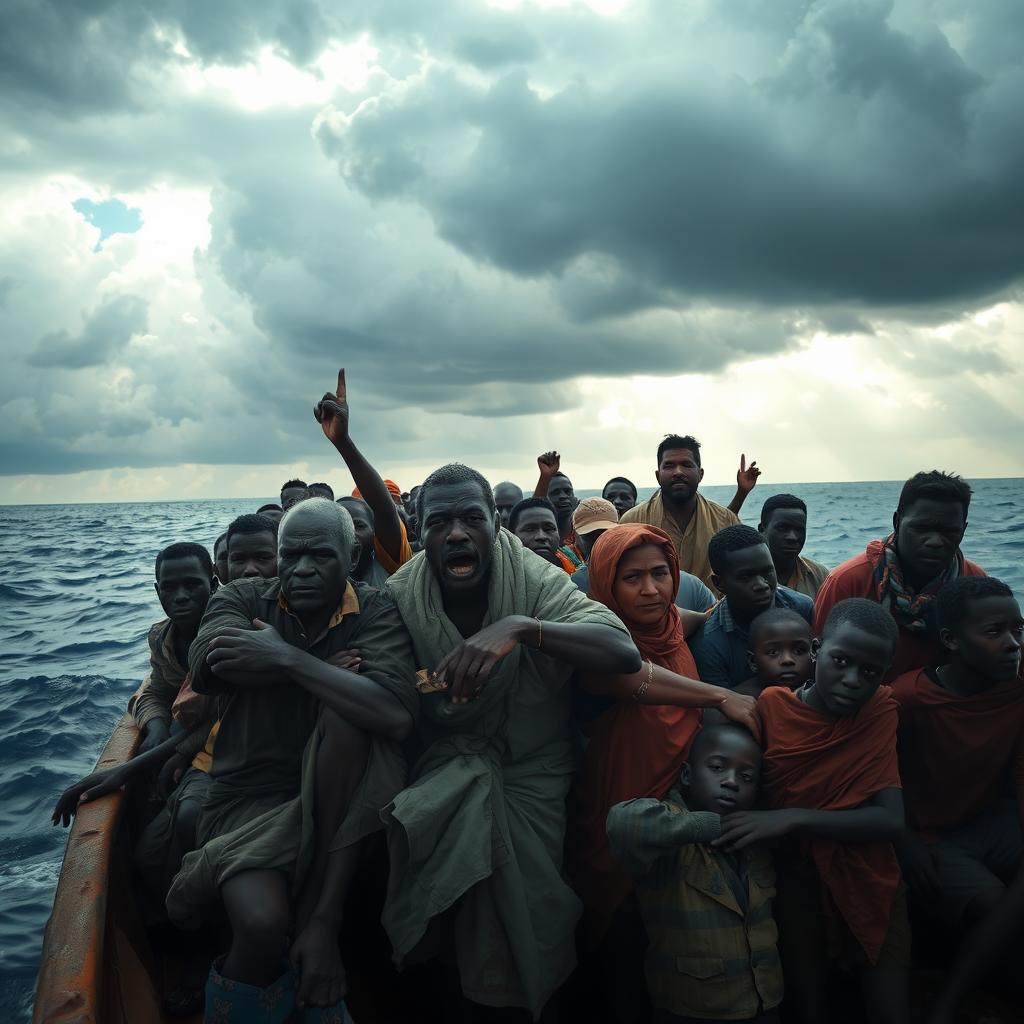 A poignant scene depicting African refugees in a drifting boat, conveying a sense of urgency and hope