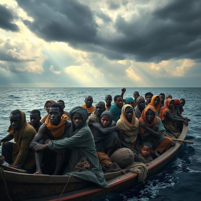 A poignant scene depicting African refugees in a drifting boat, conveying a sense of urgency and hope