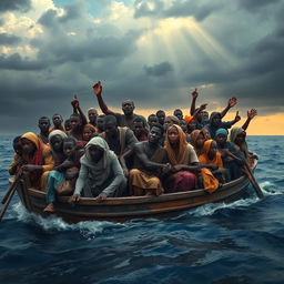 A poignant scene depicting African refugees in a drifting boat, conveying a sense of urgency and hope