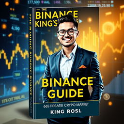 An eye-catching book cover design for 'The Binance King's Guide: 66 Tips to Dominate the Crypto Market' by King Rosl, featuring a realistic human figure representing the 'Binance King'