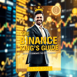An eye-catching book cover design for 'The Binance King's Guide: 66 Tips to Dominate the Crypto Market' by King Rosl, featuring a realistic human figure representing the 'Binance King'