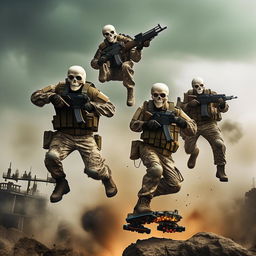 combatants in military fatigue and skeleton face masks and armed with assault rifles and on hover-boards high up in the air