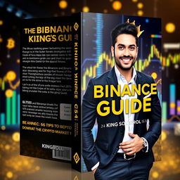 An eye-catching book cover design for 'The Binance King's Guide: 66 Tips to Dominate the Crypto Market' by King Rosl, featuring a realistic human figure representing the 'Binance King'
