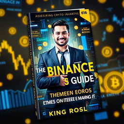 An eye-catching book cover design for 'The Binance King's Guide: 66 Tips to Dominate the Crypto Market' by King Rosl, featuring a realistic human figure representing the 'Binance King'
