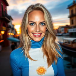 Attractive woman in her 40s, long blonde hair with a warm tan, expressive blue eyes, and naturally full lips that are not painted, exuding charm and charisma