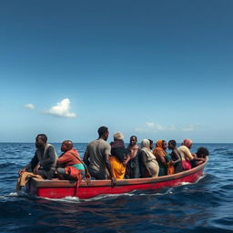 A group of African refugees on a drifting boat in the ocean, showcasing their struggle and resilience