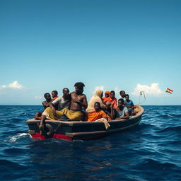 A group of African refugees on a drifting boat in the ocean, showcasing their struggle and resilience